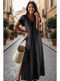 PARTIQ - Womens Sexy Elegant Loose Print V-Neck Floral Long Sleeve Dress - Black