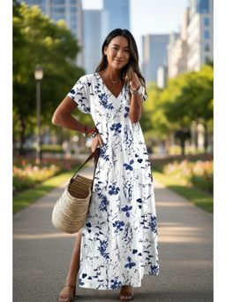 PARTIQ - Womens Sexy Elegant Loose Print V-Neck Floral Long Sleeve Dress - White