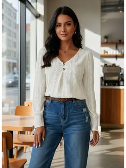 PARTIQ - Womens Hollow Solid Full Sleeves Top - White