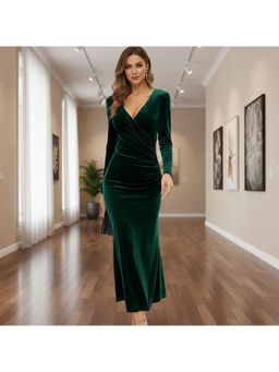 PARTIQ - Womens Slim And Elegant Mermaid V-Neck Full-Sleeved Dress - Green