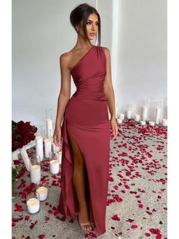 PARTIQ - Womens Pleated Slit Satin Dress - Burgundy