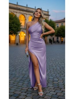 PARTIQ - Womens Pleated Slit Satin Dress - Purple