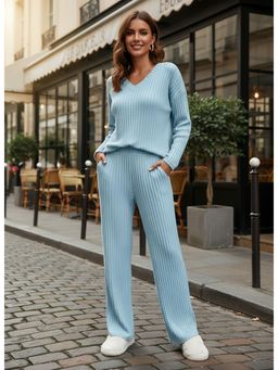 PARTIQ - Womens Straight-Leg Loose V-Neck Top With Pant - Blue