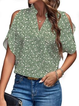 PARTIQ - Womens Floral Printed Half Sleeves Top - Green