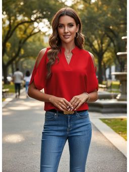 PARTIQ - Womens Solid Half Sleeves Top - Red