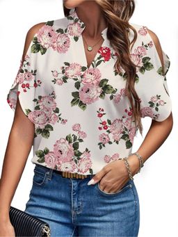 PARTIQ - Womens Floral Printed Half Sleeves Top - White