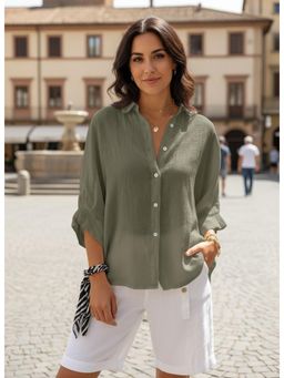PARTIQ - Womens Cotton And Linen Full Sleeves Shirt - Green