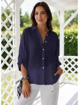 PARTIQ - Womens Cotton And Linen Full Sleeves Shirt - Blue