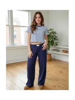 PARTIQ - Womens Wide-Leg Mid-Waisted Loose Pant - Blue