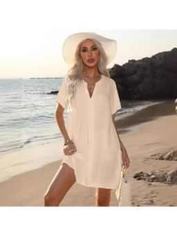 PARTIQ - Womens Solid Half Sleeves Shirt Dress - Beige