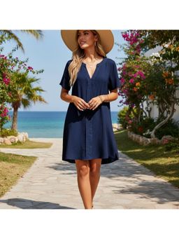 PARTIQ - Womens Solid Half Sleeves Shirt Dress - Blue