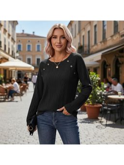 PARTIQ - Womens Pit Strip Brushed Buttoned Full Sleeve Top - Black