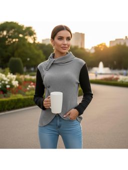 PARTIQ - Womens Long Sleeve Irregular Knit Pullover Top - Grey