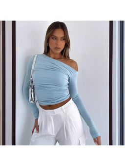 PARTIQ - Womens Slanted Shoulder Full Sleeve Pleated Crop Top - Blue