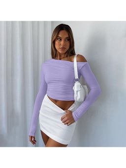 PARTIQ - Womens Slanted Shoulder Full Sleeve Pleated Crop Top - Purple