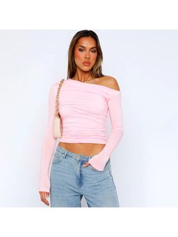 PARTIQ - Womens Slanted Shoulder Full Sleeve Pleated Crop Top - Pink