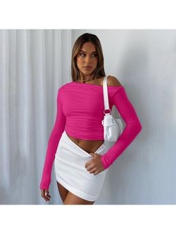 PARTIQ - Womens Slanted Shoulder Full Sleeve Pleated Crop Top - Pink