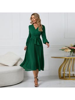 PARTIQ - Womens Full-Sleeved Pleated Belted Dress - Green