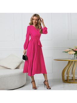 PARTIQ - Womens Full-Sleeved Pleated Belted Dress - Red