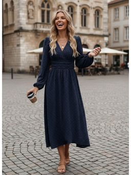 PARTIQ - Womens Mid-Hairball Balloon Sleeves Pleated Waist Dress - Navy Blue