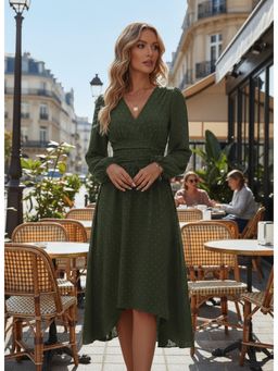 PARTIQ - Womens Mid-Hairball Balloon Sleeves Pleated Waist Dress - Green