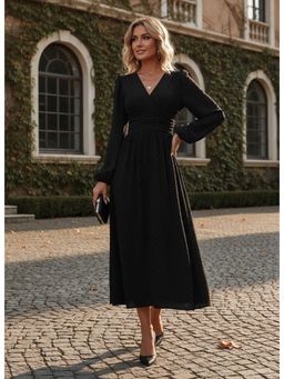 PARTIQ - Womens Mid-Hairball Balloon Sleeves Pleated Waist Dress - Black