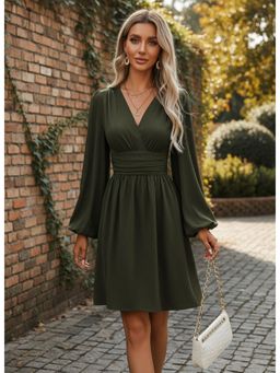 PARTIQ - Womens V-Neck Pleated Waist Solid Dress - Green