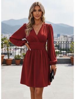 PARTIQ - Womens V-Neck Pleated Waist Solid Dress - Burgundy