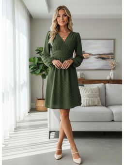 PARTIQ - Womens Jacquard V-Neck Lantern Sleeve Dress - Green