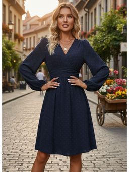 PARTIQ - Womens Jacquard V-Neck Lantern Sleeve Dress - Blue