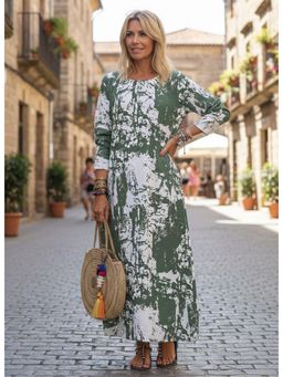 PARTIQ - Womens Round Neck Printed Full Sleeve Dress - Green