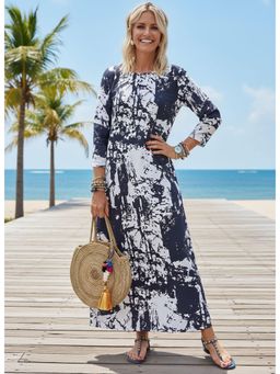 PARTIQ - Womens Round Neck Printed Full Sleeve Dress - Blue