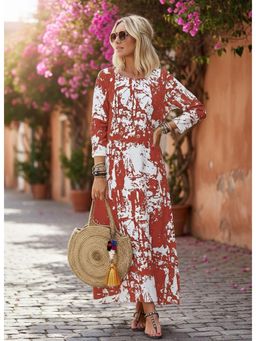 PARTIQ - Womens Round Neck Printed Full Sleeve Dress - Red