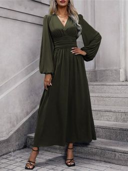 PARTIQ - Womens Balloon Sleeve Pull-Up High Slit Dress - Green