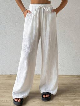 PARTIQ - Womens Versatile Elasticated Casual Solid Wide-Leg Pant - White