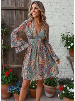 PARTIQ - Womens paisley print V-neck Dress -Multi-Color