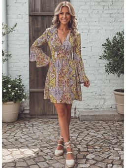 PARTIQ - Womens fashionable and elegant paisley print V-neck Dress -Yellow