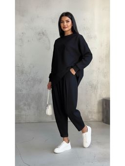 PARTIQ - Womens Casual Loose Irregular Full-Sleeve Sweatshirt With Trouser - Black