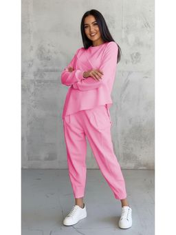 PARTIQ - Womens Casual Loose Irregular Full-Sleeve Sweatshirt With Trouser - Pink