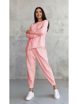 PARTIQ - Womens Casual Loose Irregular Full-Sleeve Sweatshirt With Trouser - Pink