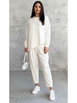 PARTIQ - Womens Casual Loose Irregular Full-Sleeve Sweatshirt With Trouser - White