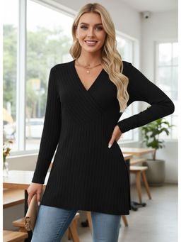 PARTIQ - Womens Full-Sleeved V-Neck Pit Strip Thin Top - Black