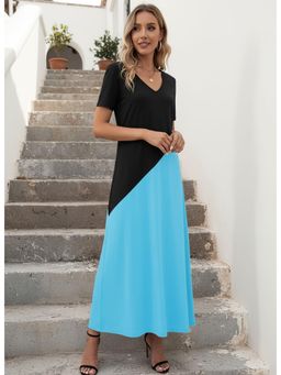 PARTIQ - Womens Contrast Spliced V-Neck Dress - Blue