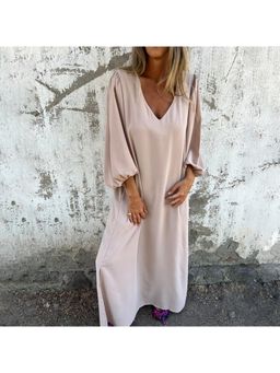 PARTIQ - Womens V-Neck Solid Balloon Sleeves Dress - Cream