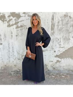 PARTIQ - Womens V-Neck Solid Balloon Sleeves Dress - Black