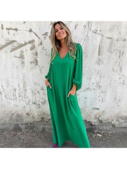 PARTIQ - Womens V-Neck Solid Balloon Sleeves Dress - Green