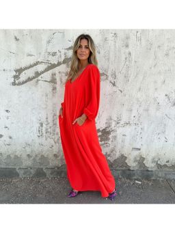 PARTIQ - Womens V-Neck Solid Balloon Sleeves Dress - Red