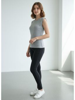 PARTIQ - Womens Solid Round Neck Sexy Ribbed Top - Grey