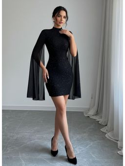 PARTIQ - Womens Pearl Chiffon Cape Hip Wrap Dress - Black