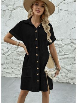 PARTIQ - Womens New Simple Solid Casual Fashion Lapel Button-Down Shirt Dress - Black